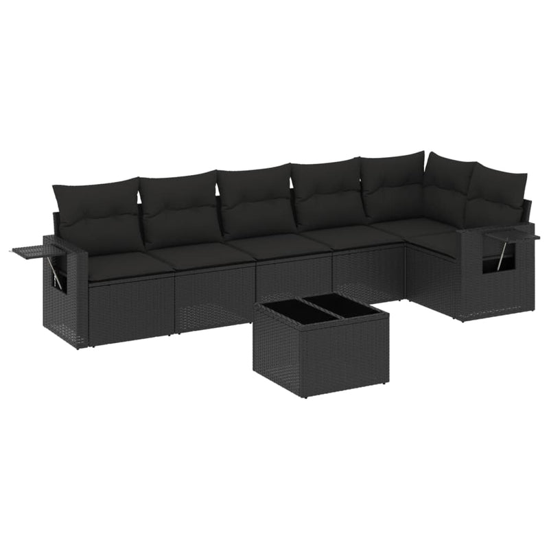 7 Piece Garden Sofa Set with Cushions Black Poly Rattan