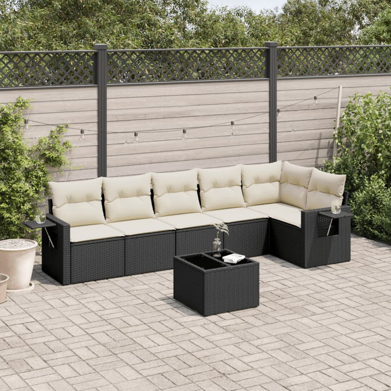 7 Piece Garden Sofa Set with Cushions Black Poly Rattan