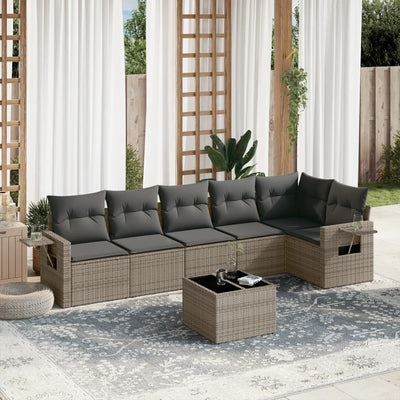 7 Piece Garden Sofa Set with Cushions Grey Poly Rattan