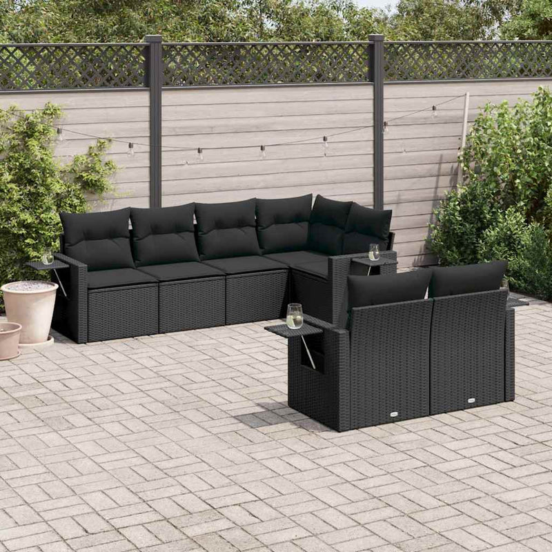 7 Piece Garden Sofa Set with Cushions Black Poly Rattan