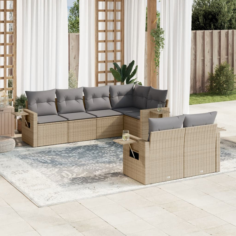 7 Piece Garden Sofa Set with Cushions Beige Poly Rattan