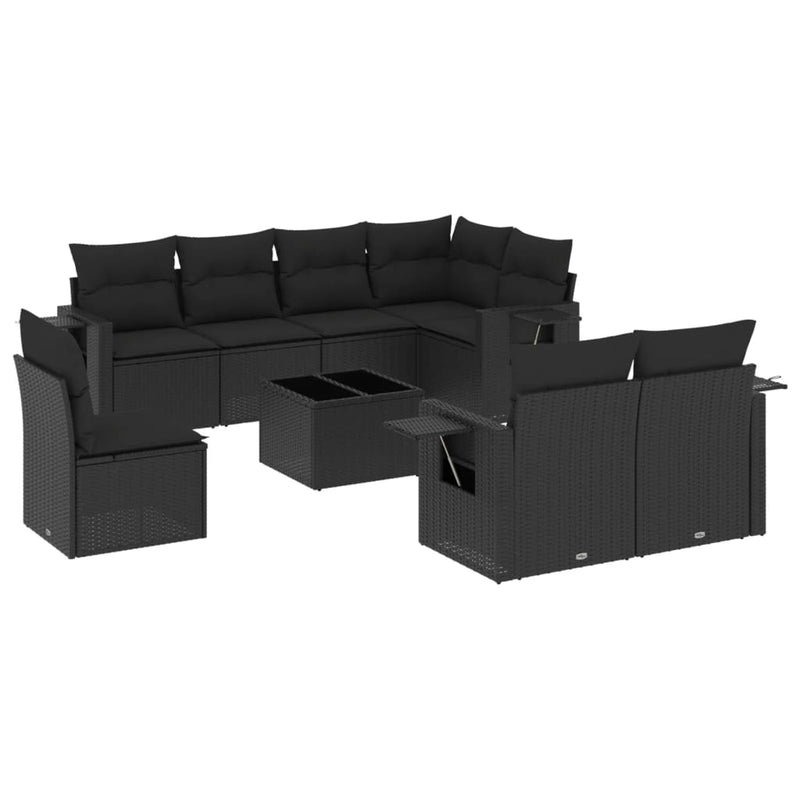 9 Piece Garden Sofa Set with Cushions Black Poly Rattan