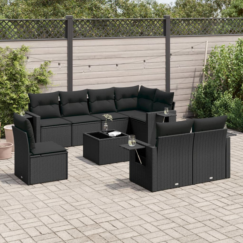 9 Piece Garden Sofa Set with Cushions Black Poly Rattan