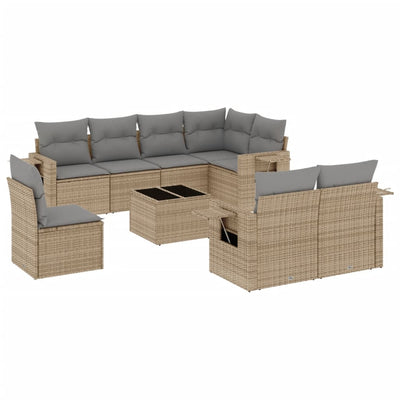 9 Piece Garden Sofa Set with Cushions Beige Poly Rattan