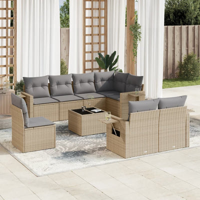 9 Piece Garden Sofa Set with Cushions Beige Poly Rattan