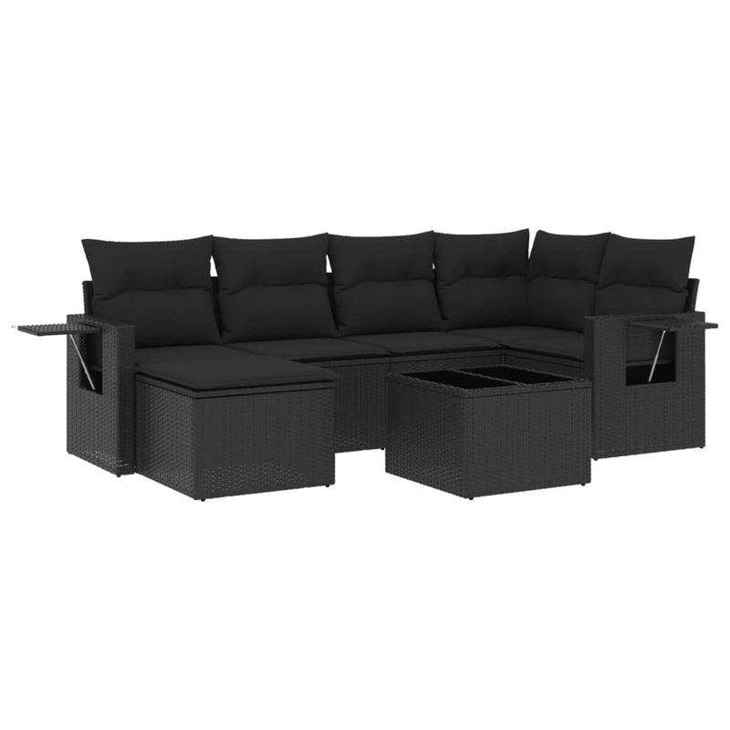 7 Piece Garden Sofa Set with Cushions Black Poly Rattan