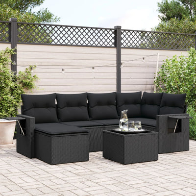 7 Piece Garden Sofa Set with Cushions Black Poly Rattan