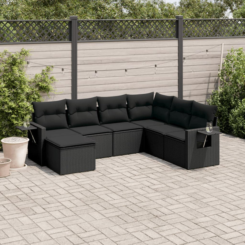 7 Piece Garden Sofa Set with Cushions Black Poly Rattan