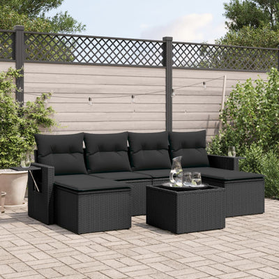 7 Piece Garden Sofa Set with Cushions Black Poly Rattan