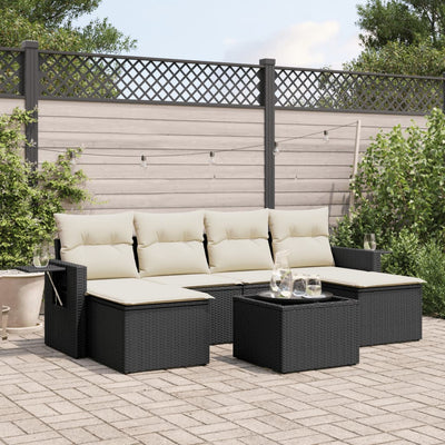 7 Piece Garden Sofa Set with Cushions Black Poly Rattan