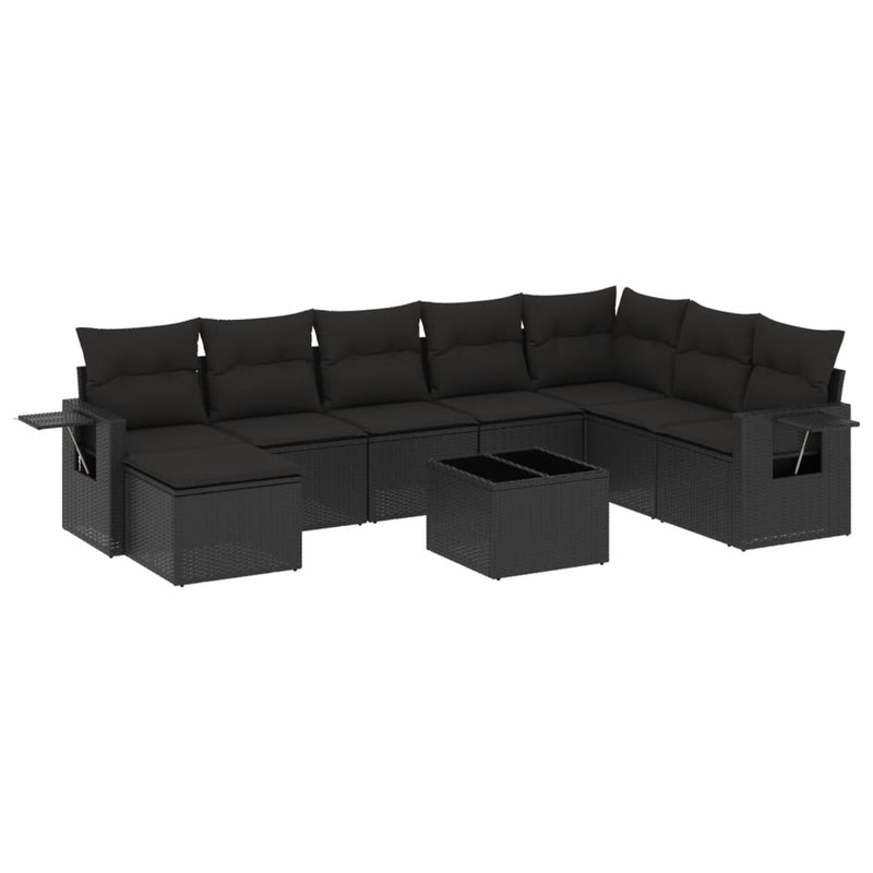 9 Piece Garden Sofa Set with Cushions Black Poly Rattan