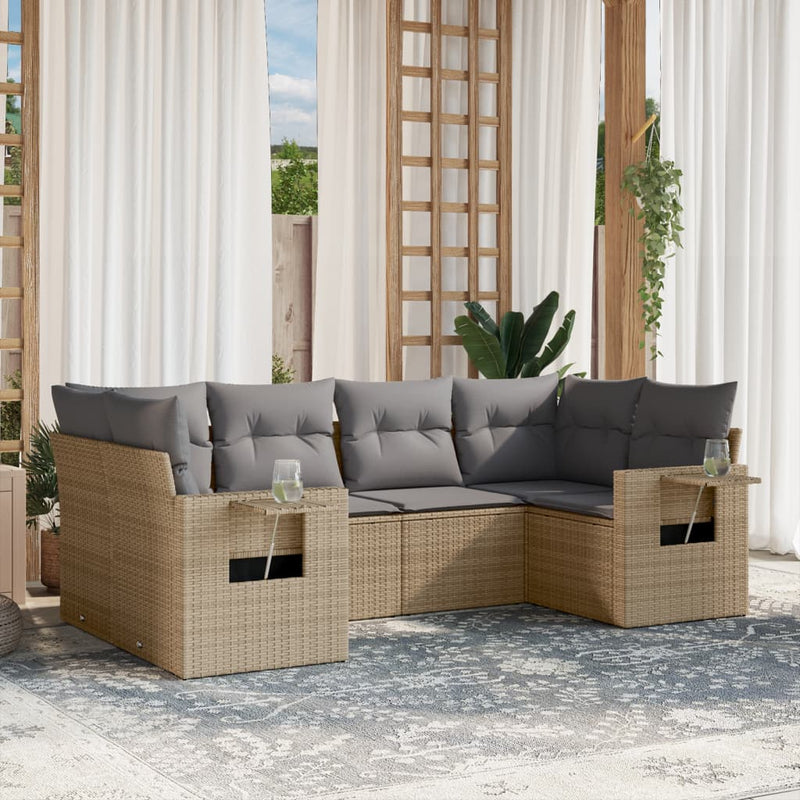 6 Piece Garden Sofa Set with Cushions Beige Poly Rattan