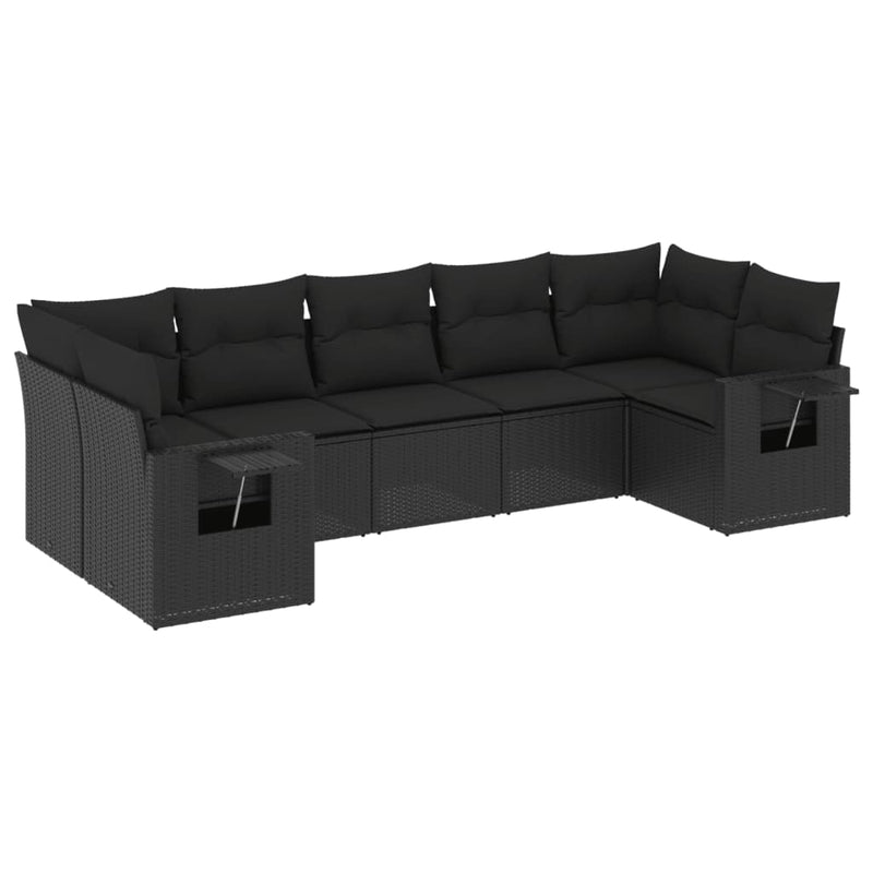 7 Piece Garden Sofa Set with Cushions Black Poly Rattan