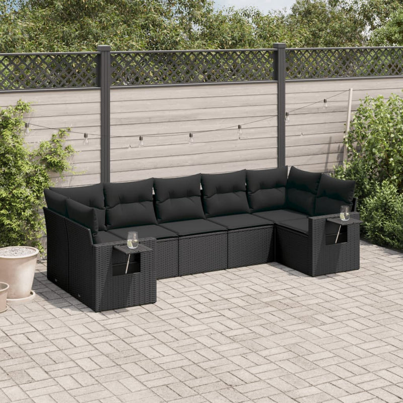 7 Piece Garden Sofa Set with Cushions Black Poly Rattan