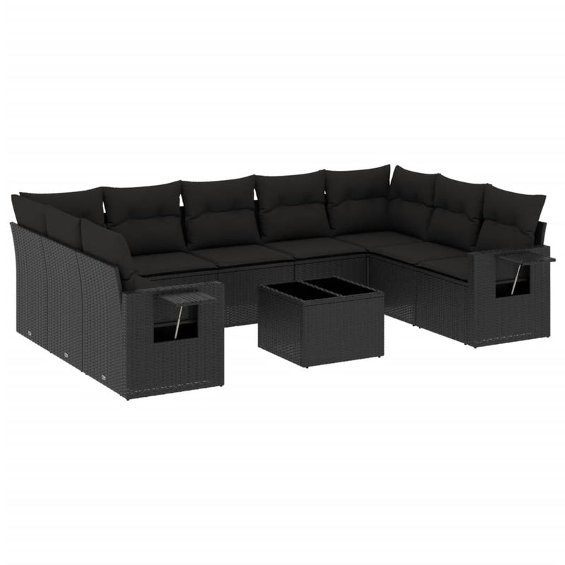 10 Piece Garden Sofa Set with Cushions Black Poly Rattan