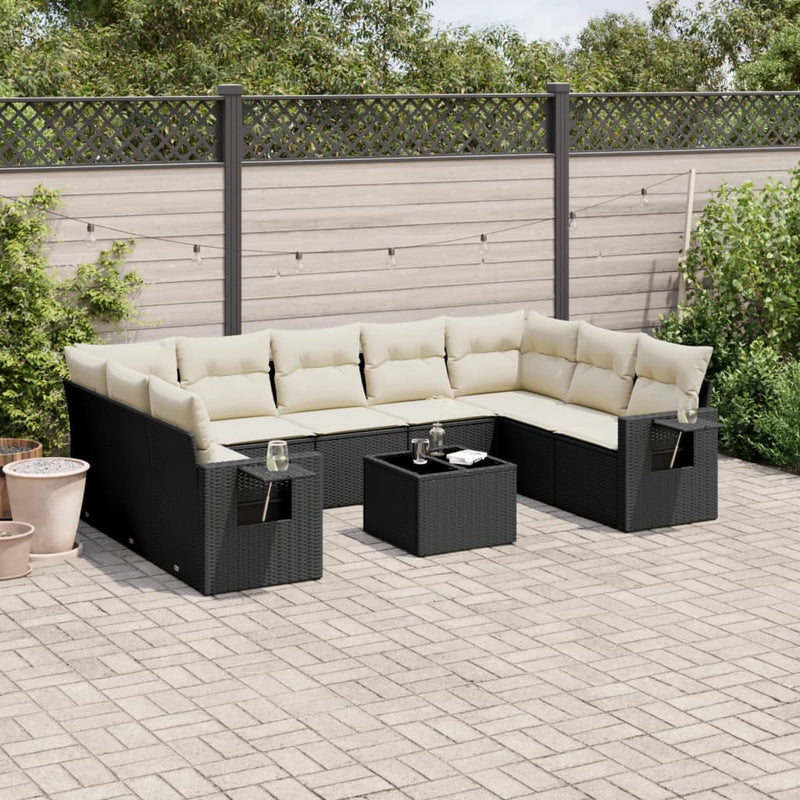 10 Piece Garden Sofa Set with Cushions Black Poly Rattan