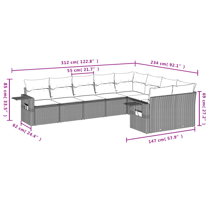 9 Piece Garden Sofa Set with Cushions Grey Poly Rattan