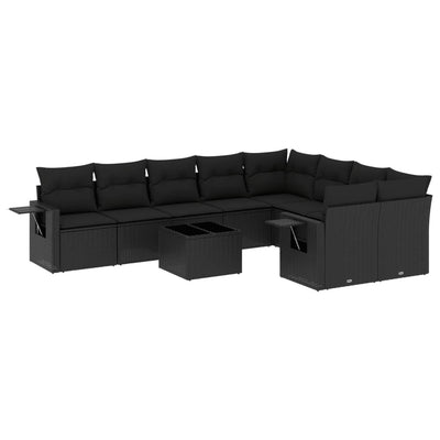 10 Piece Garden Sofa Set with Cushions Black Poly Rattan