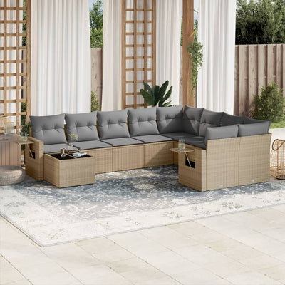 10 Piece Garden Sofa Set with Cushions Beige Poly Rattan