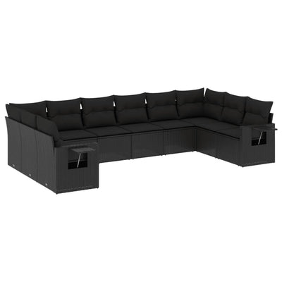 10 Piece Garden Sofa Set with Cushions Black Poly Rattan