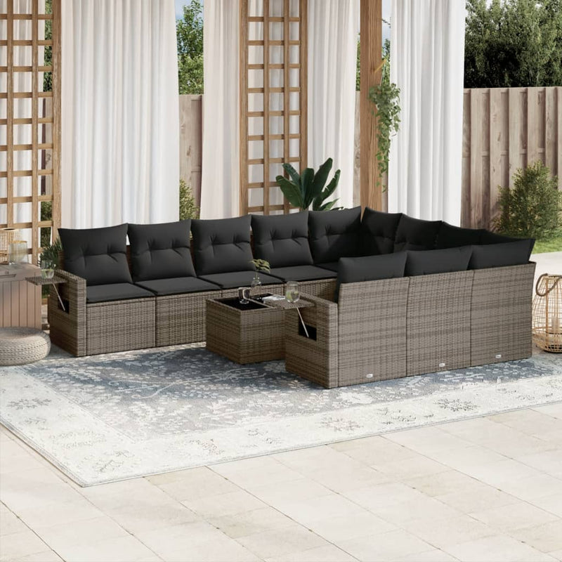 11 Piece Garden Sofa Set with Cushions Grey Poly Rattan