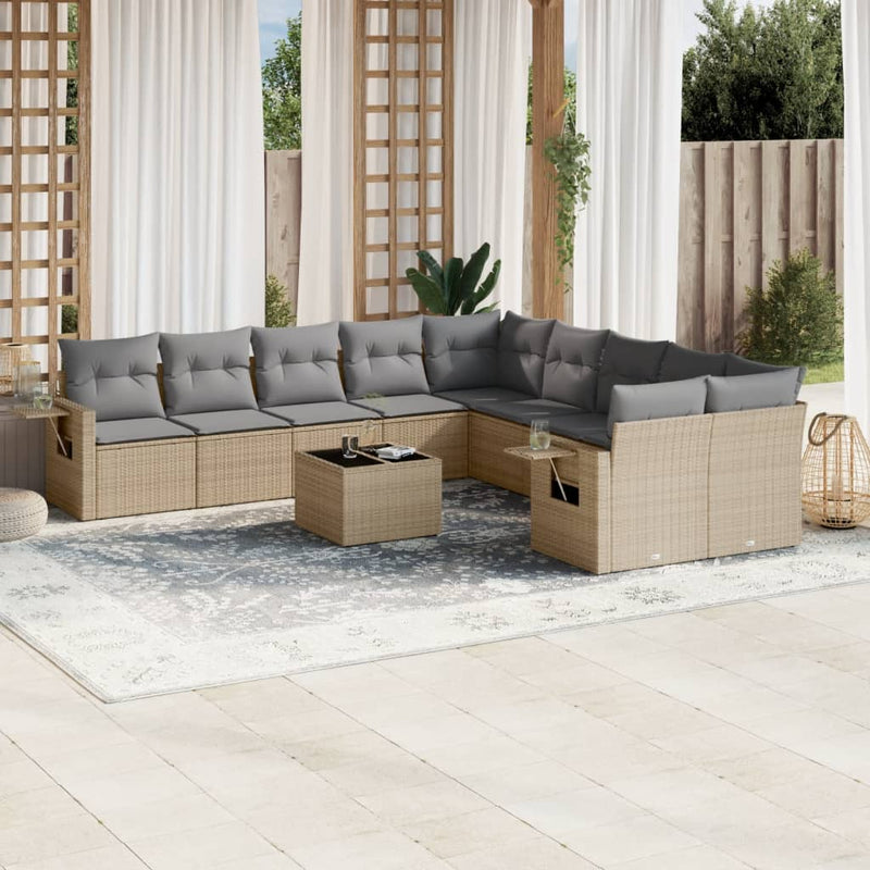 11 Piece Garden Sofa Set with Cushions Beige Poly Rattan