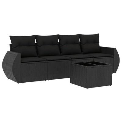 5 Piece Garden Sofa Set with Cushions Black Poly Rattan