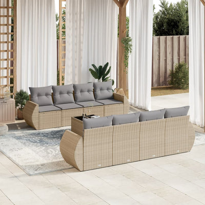 9 Piece Garden Sofa Set with Cushions Beige Poly Rattan