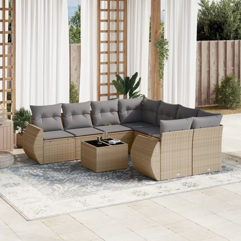 9 Piece Garden Sofa Set with Cushions Beige Poly Rattan