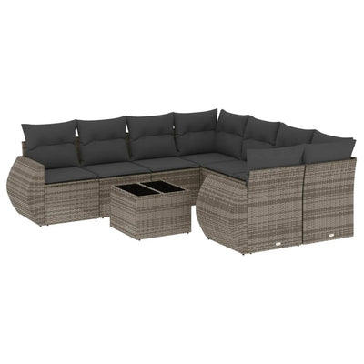 9 Piece Garden Sofa Set with Cushions Grey Poly Rattan