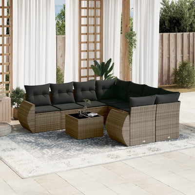 9 Piece Garden Sofa Set with Cushions Grey Poly Rattan