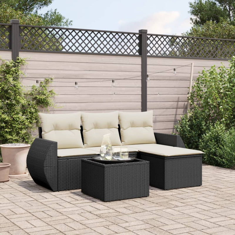 5 Piece Garden Sofa Set with Cushions Black Poly Rattan