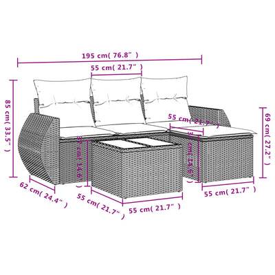 5 Piece Garden Sofa Set with Cushions Grey Poly Rattan