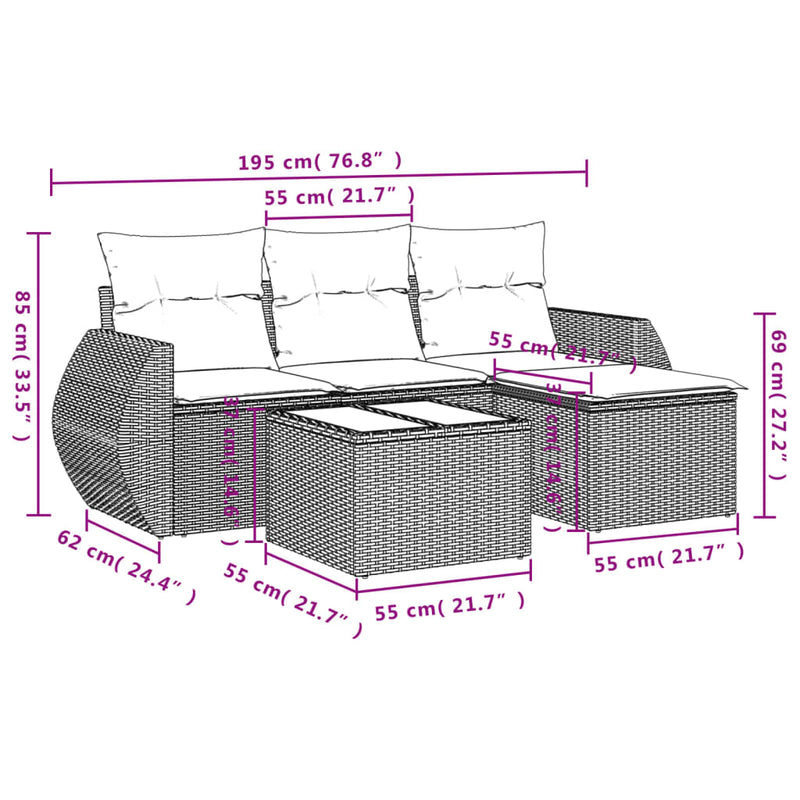 5 Piece Garden Sofa Set with Cushions Grey Poly Rattan