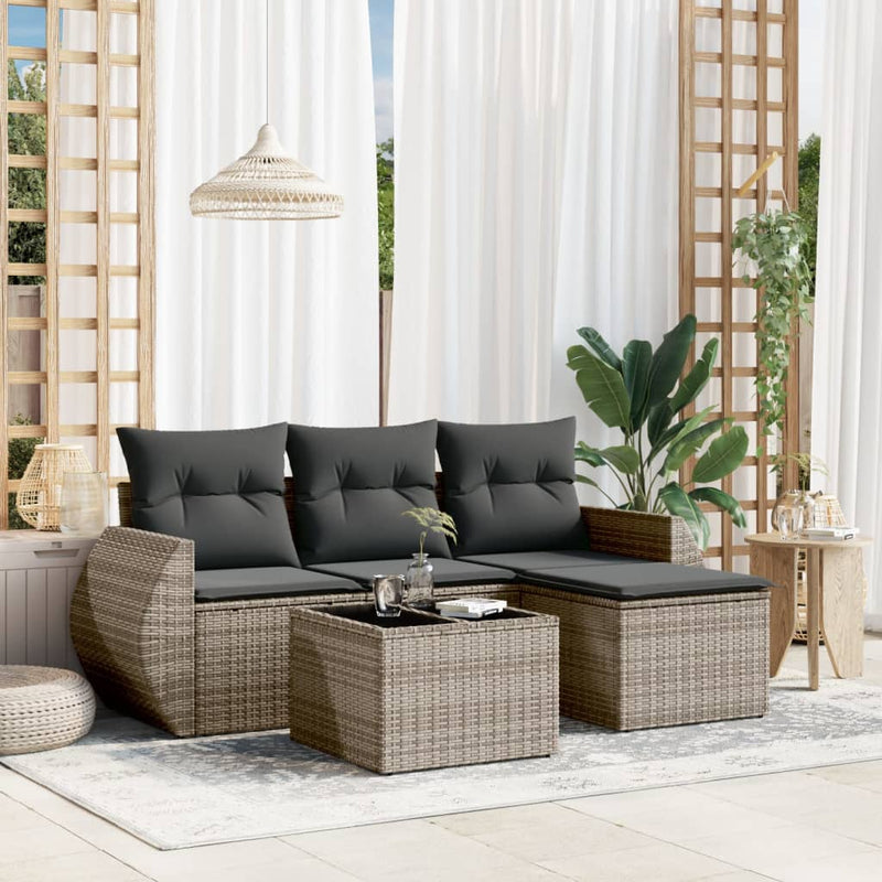 5 Piece Garden Sofa Set with Cushions Grey Poly Rattan