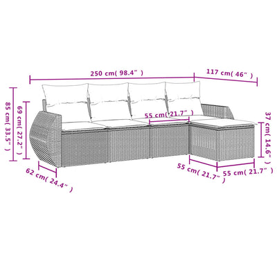 5 Piece Garden Sofa Set with Cushions Grey Poly Rattan