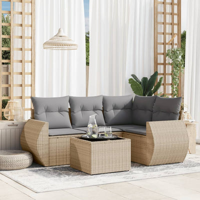 5 Piece Garden Sofa Set with Cushions Beige Poly Rattan