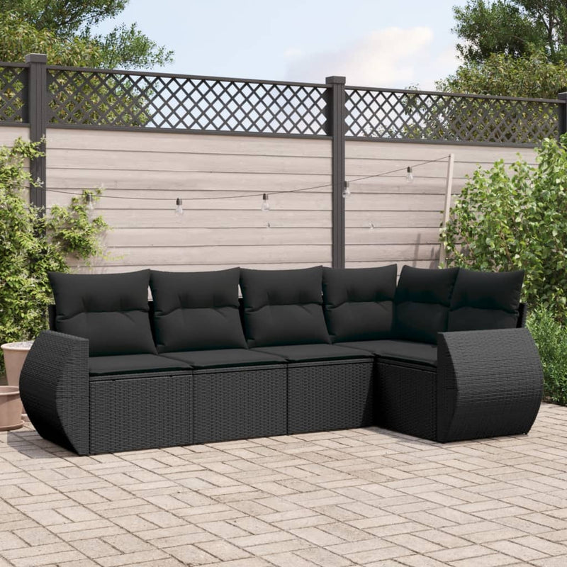 5 Piece Garden Sofa Set with Cushions Black Poly Rattan