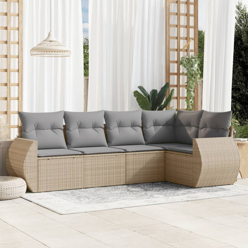 5 Piece Garden Sofa Set with Cushions Beige Poly Rattan