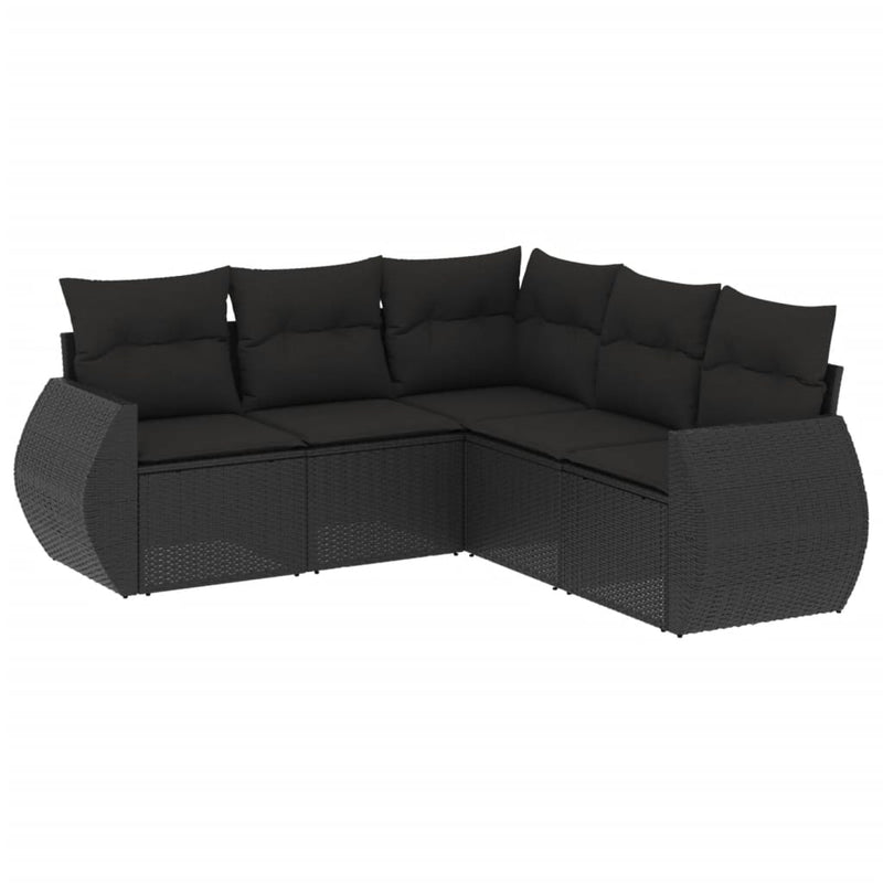 5 Piece Garden Sofa Set with Cushions Black Poly Rattan