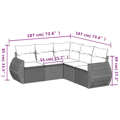 5 Piece Garden Sofa Set with Cushions Black Poly Rattan