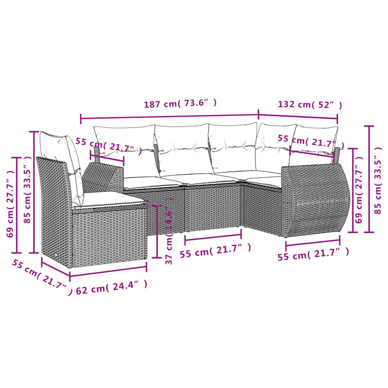 5 Piece Garden Sofa Set with Cushions Grey Poly Rattan