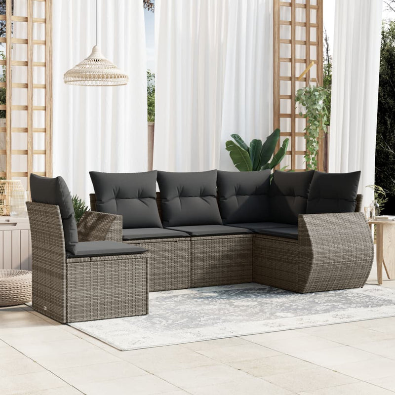 5 Piece Garden Sofa Set with Cushions Grey Poly Rattan