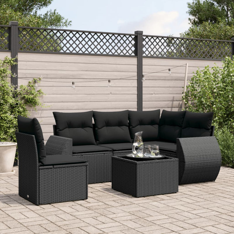 6 Piece Garden Sofa Set with Cushions Black Poly Rattan