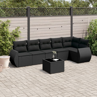 7 Piece Garden Sofa Set with Cushions Black Poly Rattan