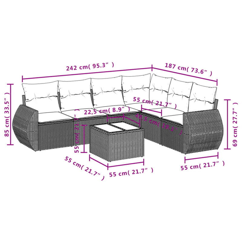 7 Piece Garden Sofa Set with Cushions Grey Poly Rattan