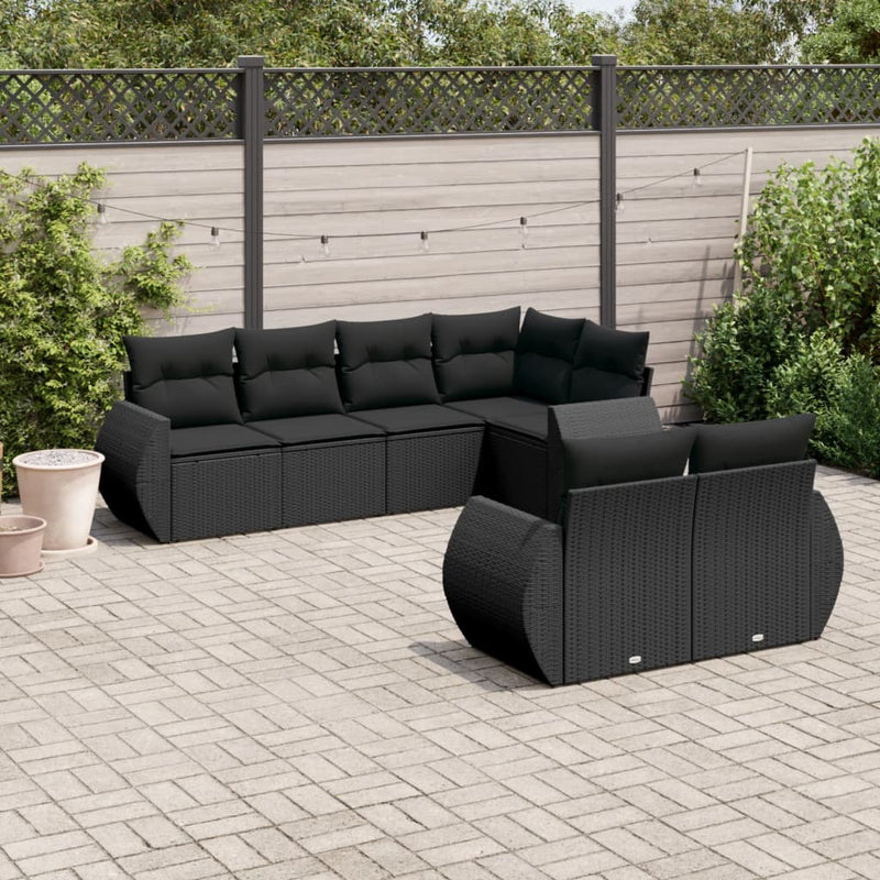 7 Piece Garden Sofa Set with Cushions Black Poly Rattan