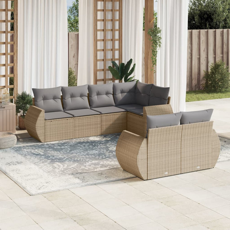 7 Piece Garden Sofa Set with Cushions Beige Poly Rattan