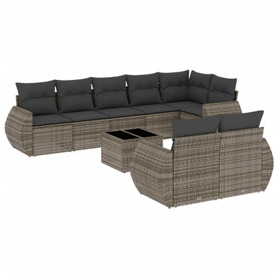 9 Piece Garden Sofa Set with Cushions Grey Poly Rattan