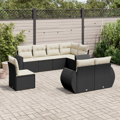 8 Piece Garden Sofa Set with Cushions Black Poly Rattan